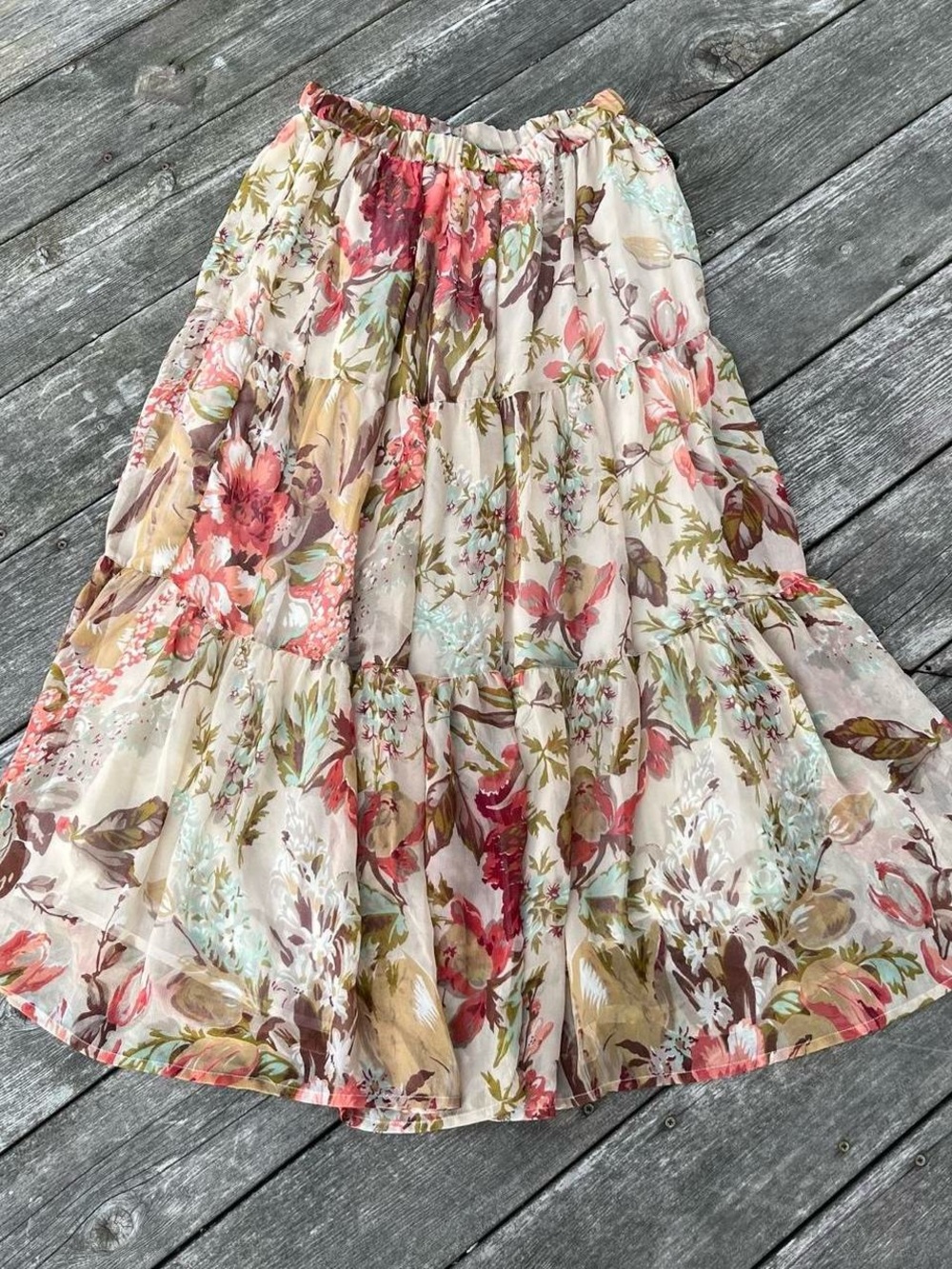 Krazy Kat ivory + pink floral sheer overlay maxi skirt